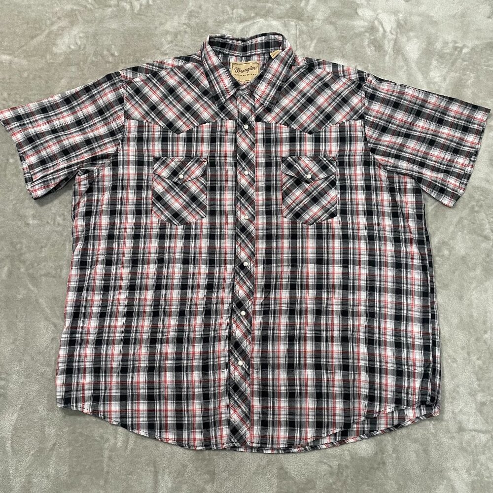 Wrangler Men's Pearl Snap Plaid Short Sleeve Western Shirt Size 2XL Black Red